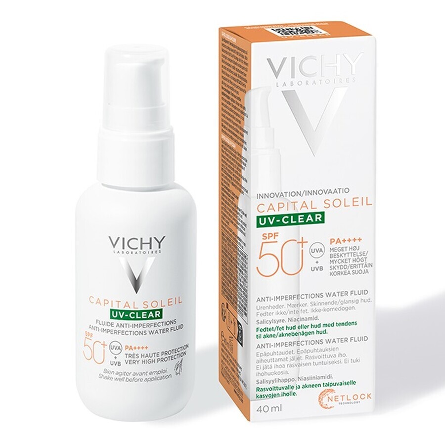 Vichy Capital Soleil UV Fluido Protector Solar Transparente, para pieles grasas con tendencia acneica FPS 50 + , 40 ml