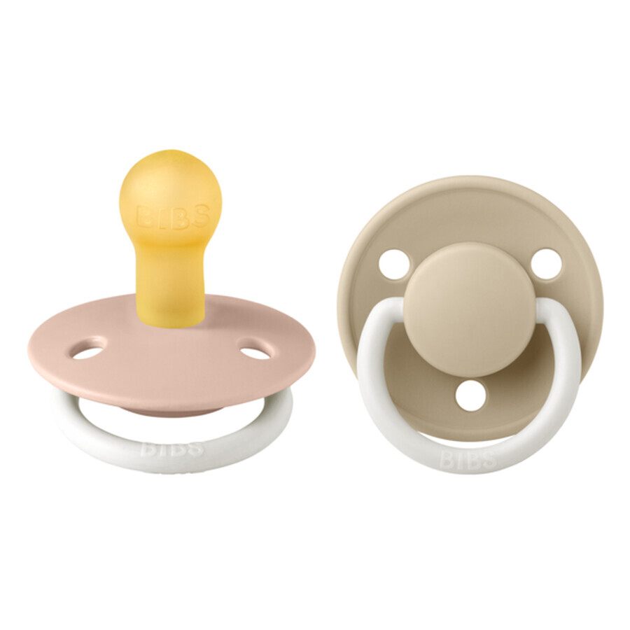 Set van 2 fosforescerende fopspenen met universele ronde latex speen De Lux Glow, +0 maanden, Blush - Vanilla, Slabbetjes