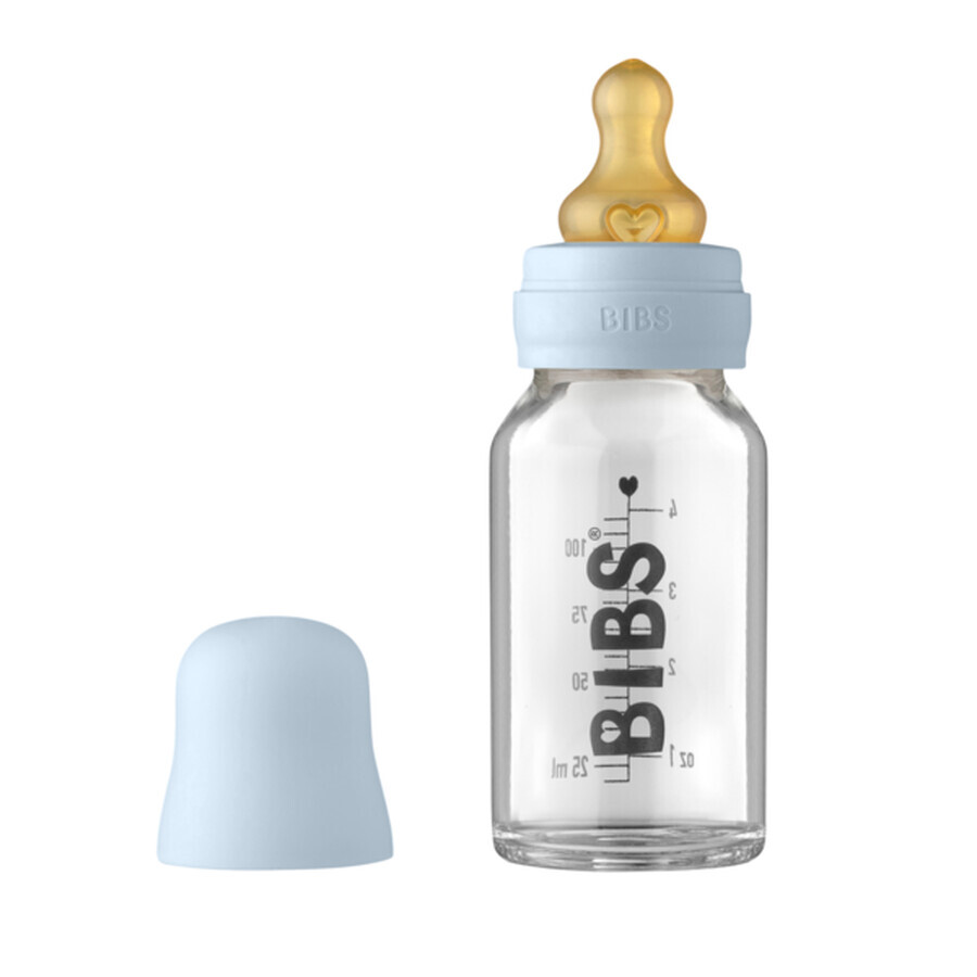 Set completo de biberón de cristal, 110 ml, Baby Blue, Baberos