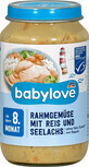 Babylove Men&#250; de verduras con nata, arroz y salm&#243;n 8+, 220 g