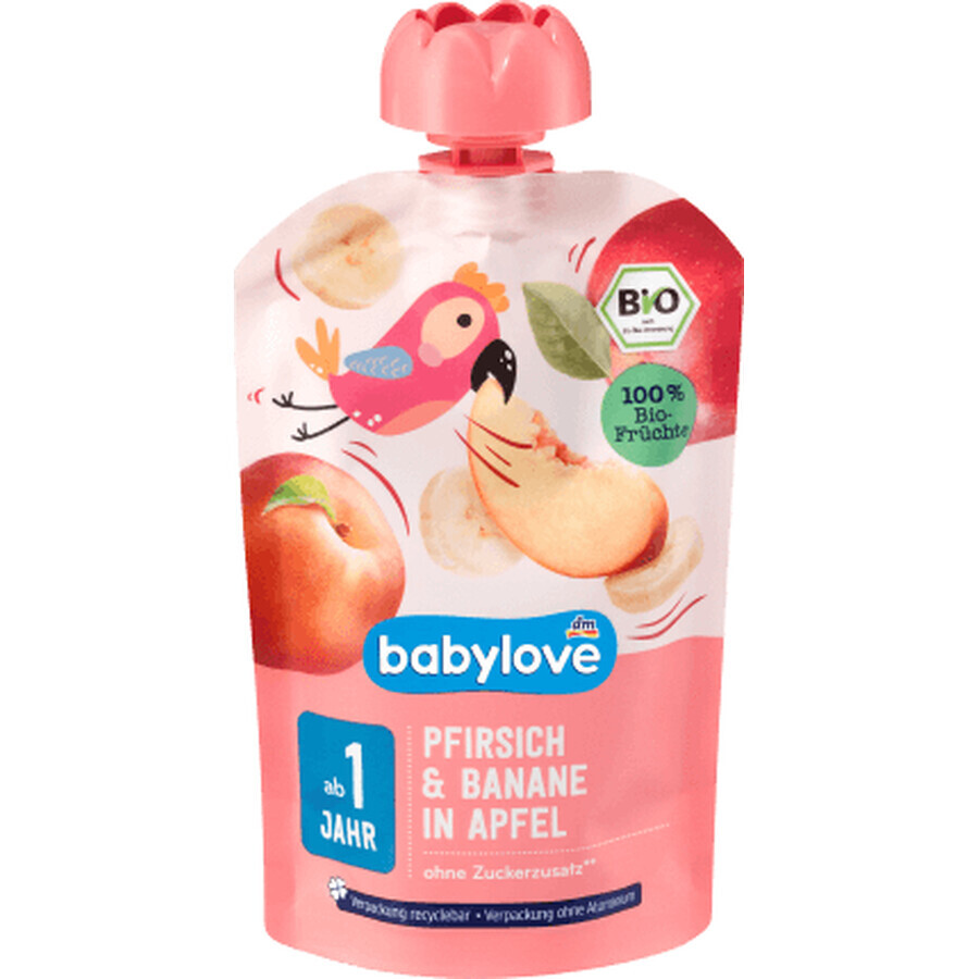 Babylove Puré de melocotón con plátano y manzana ECO, 12+, 100 g