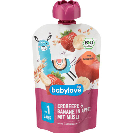 Babylove Pouches de căpșuni cu banane și cereale ECO, 1+, 100 g