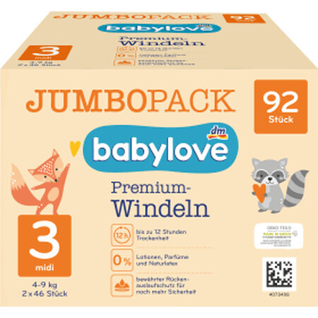 Babylove Premium jumbo diapers number 3, 92 pcs