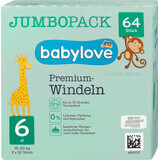 Babylove Premium pañales jumbo número 6, 64 unidades