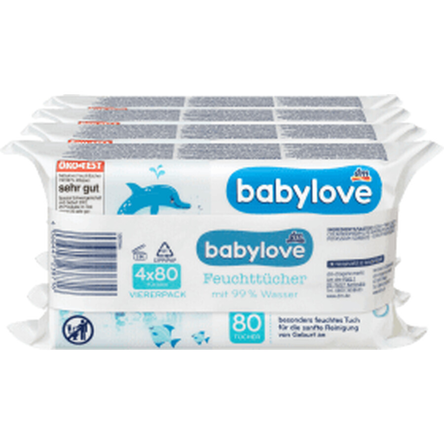 Babylove Wet Wipes 99% water 4x80pcs, 320 pcs