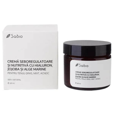 Cremă seboregulatoare pentru tenul gras, mixt, acneic cu hialuron, jojoba și alge marine, 60 ml, Sabio