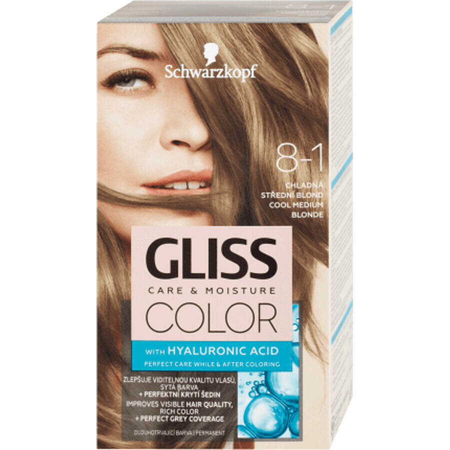 Schwarzkopf Gliss Color Tinte Permanente 8-1 Rubio Frío Medio, 1 ud.