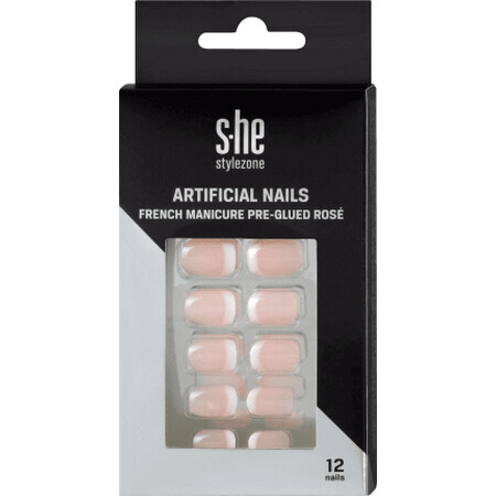 S-he color&amp;style Uñas artificiales rosa francés con pegamento aplicado, 1 Set